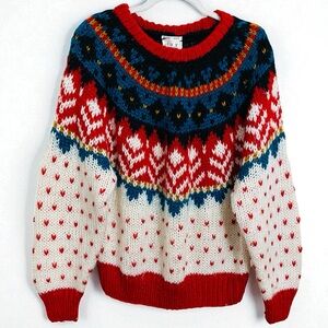 IVY Hand Knit Colorful Fair Aisle Heart Long Sleeve Chunky Crochet Sweater Large